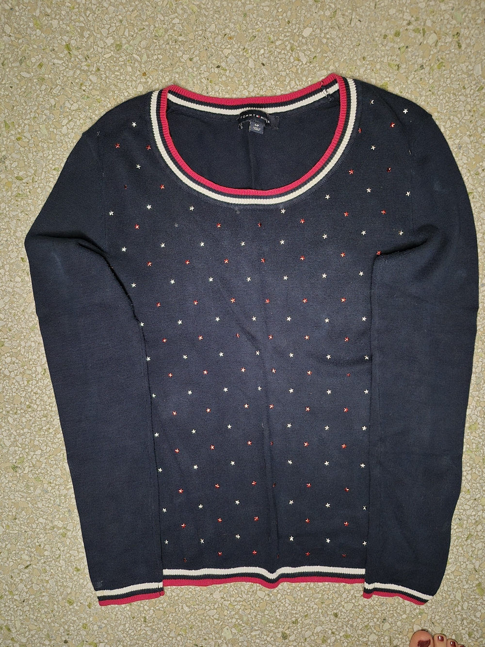 Tommy Hilfiger Navy Scoop Neck Sweater with Star Embroidery and Contrast Trim